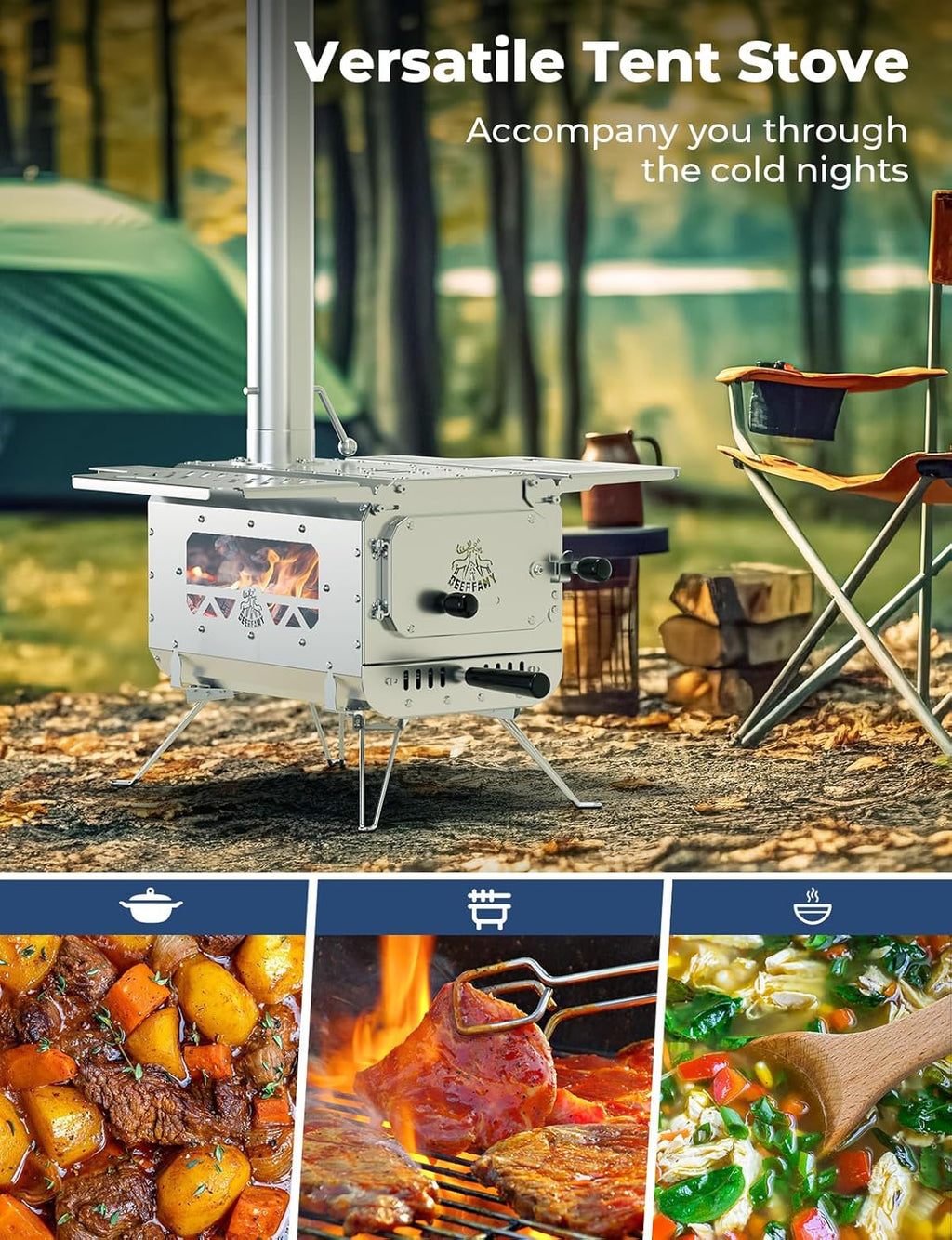 Portable Stainless Steel Tent Stove with 6 Chimney Pipes for Camping F848212