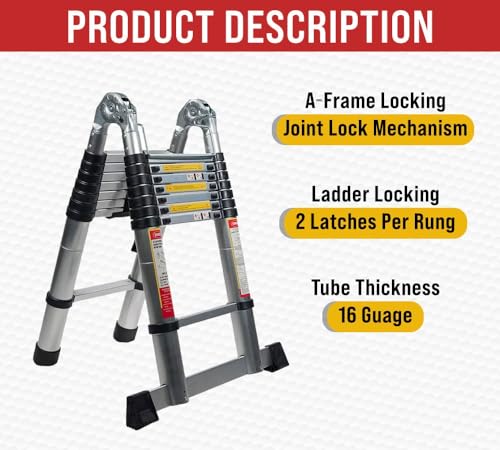 16.5 ft Telescoping Ladder A Frame - Aluminum Extension Ladder with Balance Bar, Carry Handle & Tool Tray O962