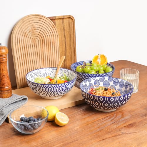Ceramic Salad Bowl Set, 53 oz, 8 Inch, Stackable, Set of 3, Vintage Blue D421999
