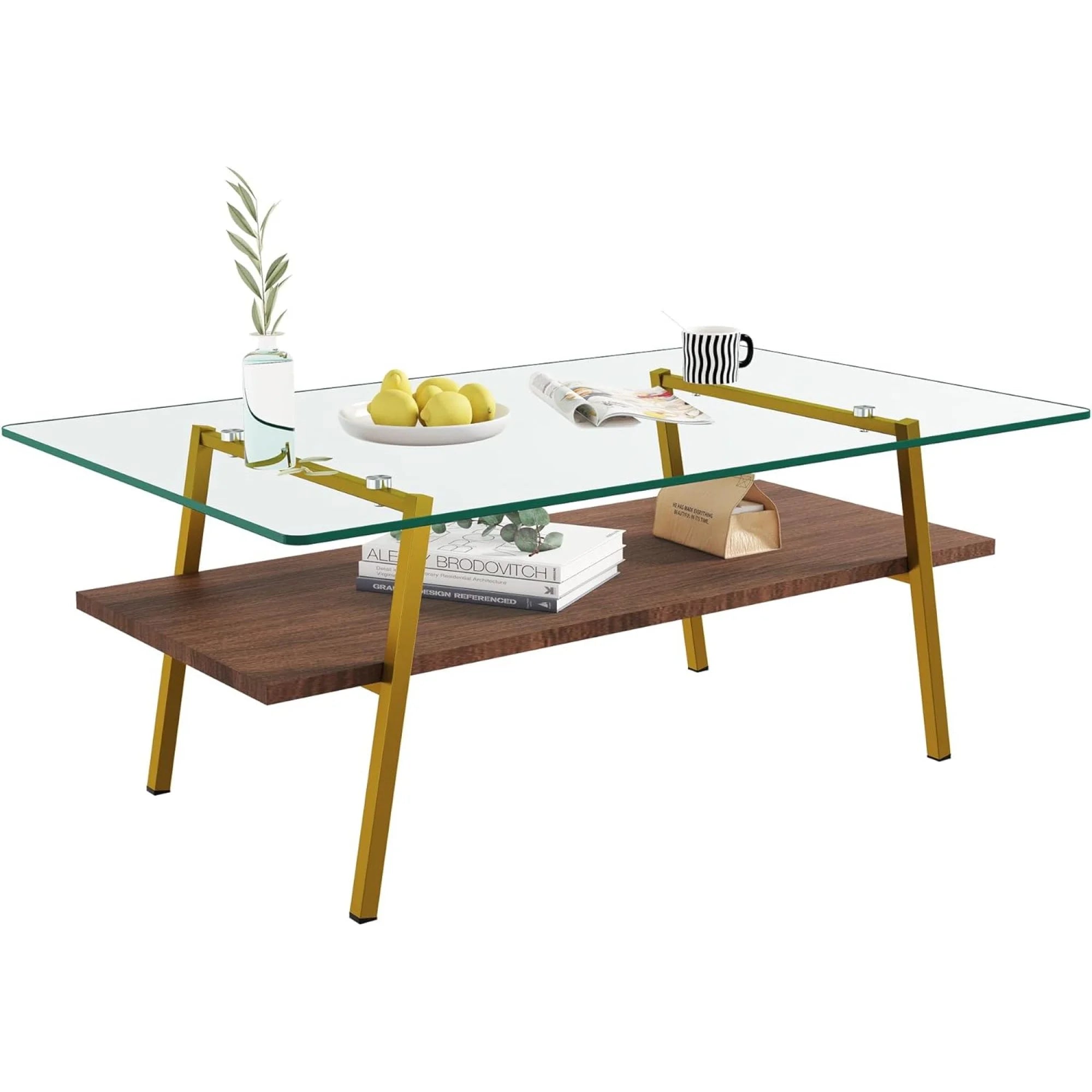 Glass Coffee Table with Wood Shelves S615280