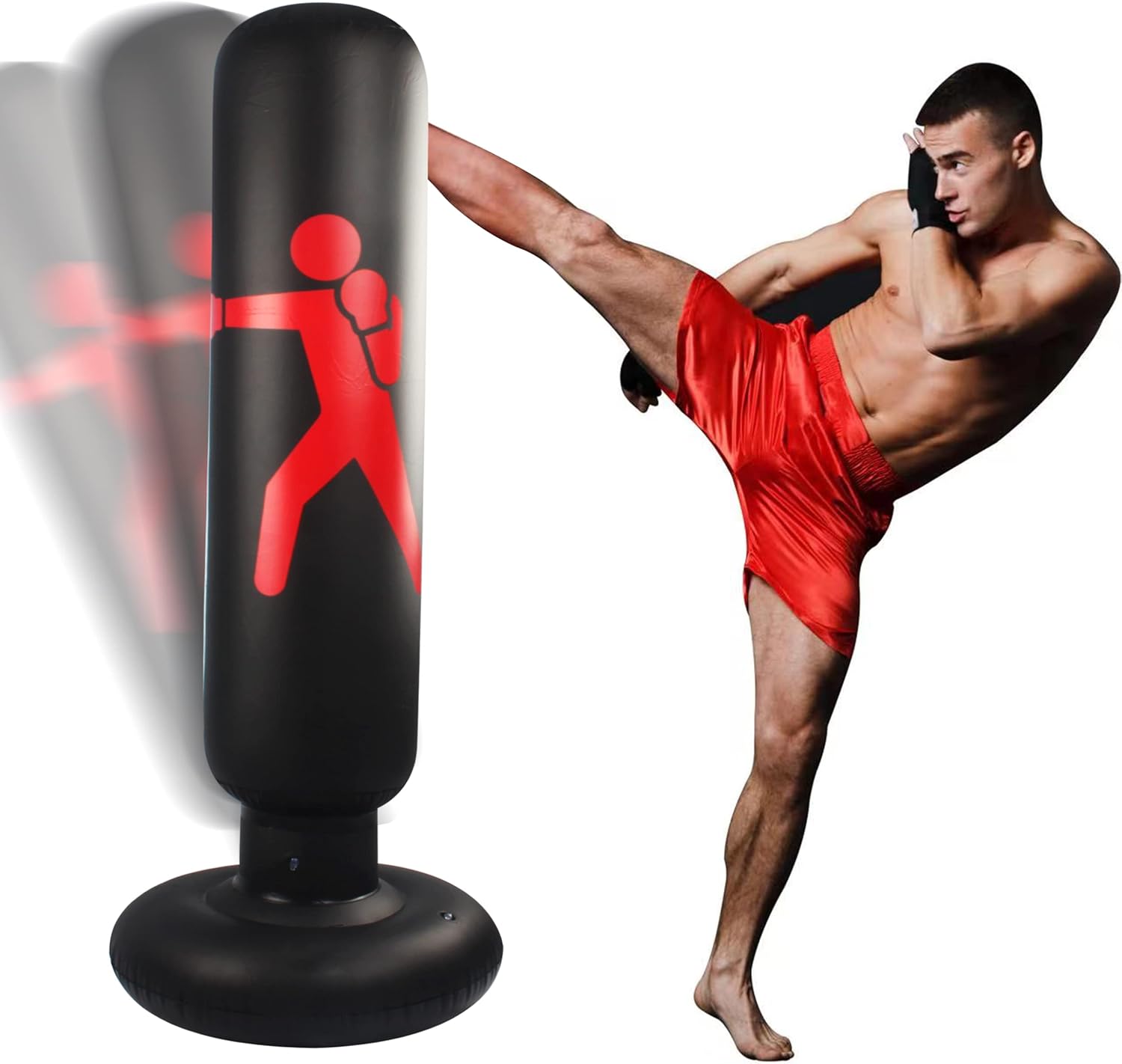 Standing Punching Bag for Adults Teens： 63" Freestanding Boxing Bag Inflatable Kickboxing Training Equipment Bags for Men Training MMA Muay Thai Fitness
