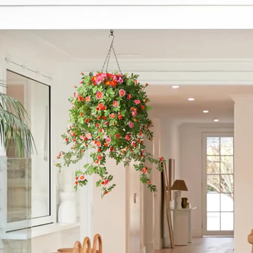 Artificial Hanging Flowers with Basket, Silk Chrysanthemum Arrangement, 4 Pack for Patio Garden Decor B671