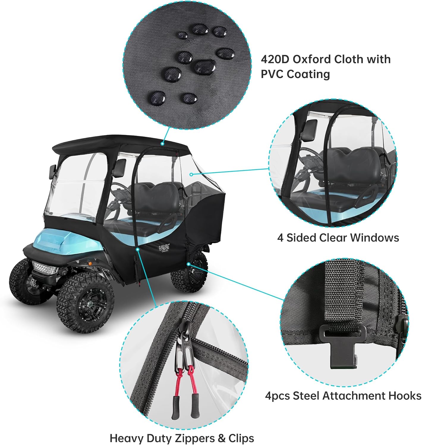 4 Passenger Golf Cart Enclosure with Clear Windows, 420D Rain Cover G37860