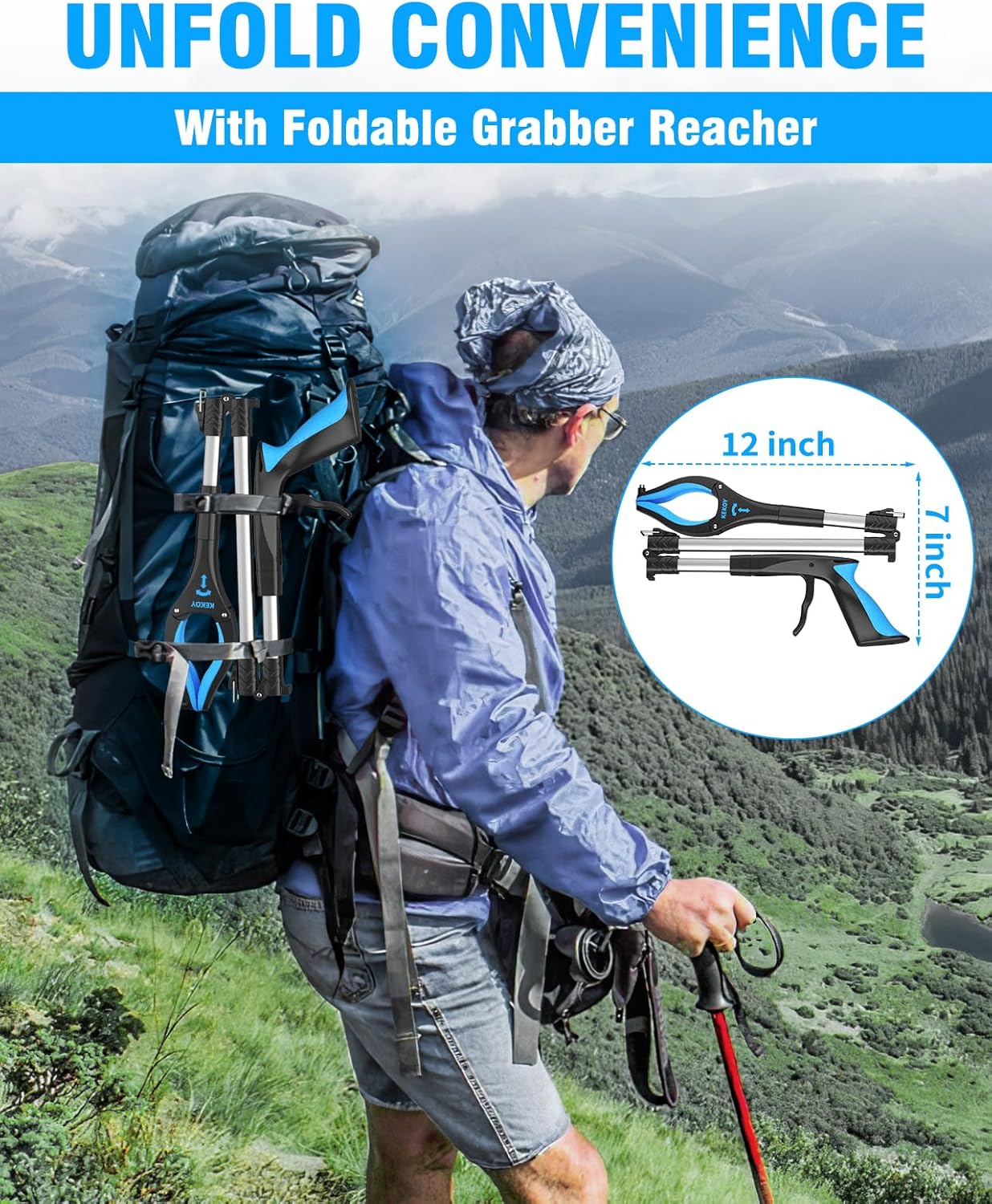36" & 40" Foldable Reacher Tool for Elderly, Anti-Slip Rotating Jaw with Magnet, Blue W540