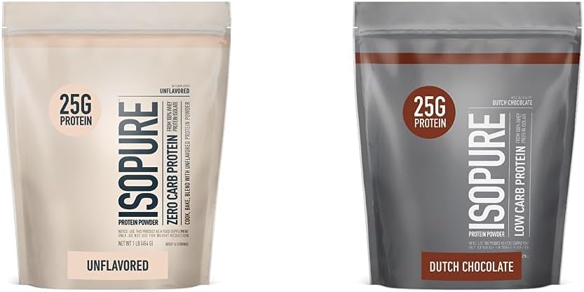 Isopure Unflavored Protein, Whey Isolate, 1 Pound (Packaging May Vary) & Dutch Chocolate Whey Isolate Protein Powder with Vitamin C & Zinc, 1 Pound