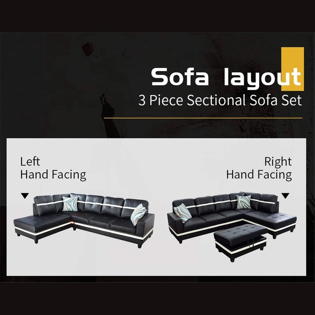 Leather Sectional Sofa Set, 3-Piece L-Shaped Couch with Chaise and Ottoman, Black A83234