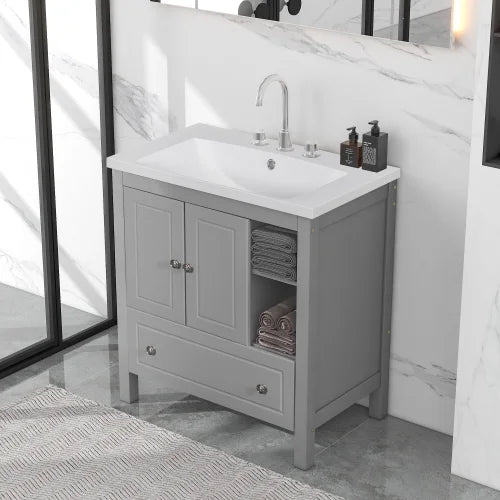 Bathroom Vanity with Sink and Storage Cabinet, Solid Wood Frame, Grey F108943