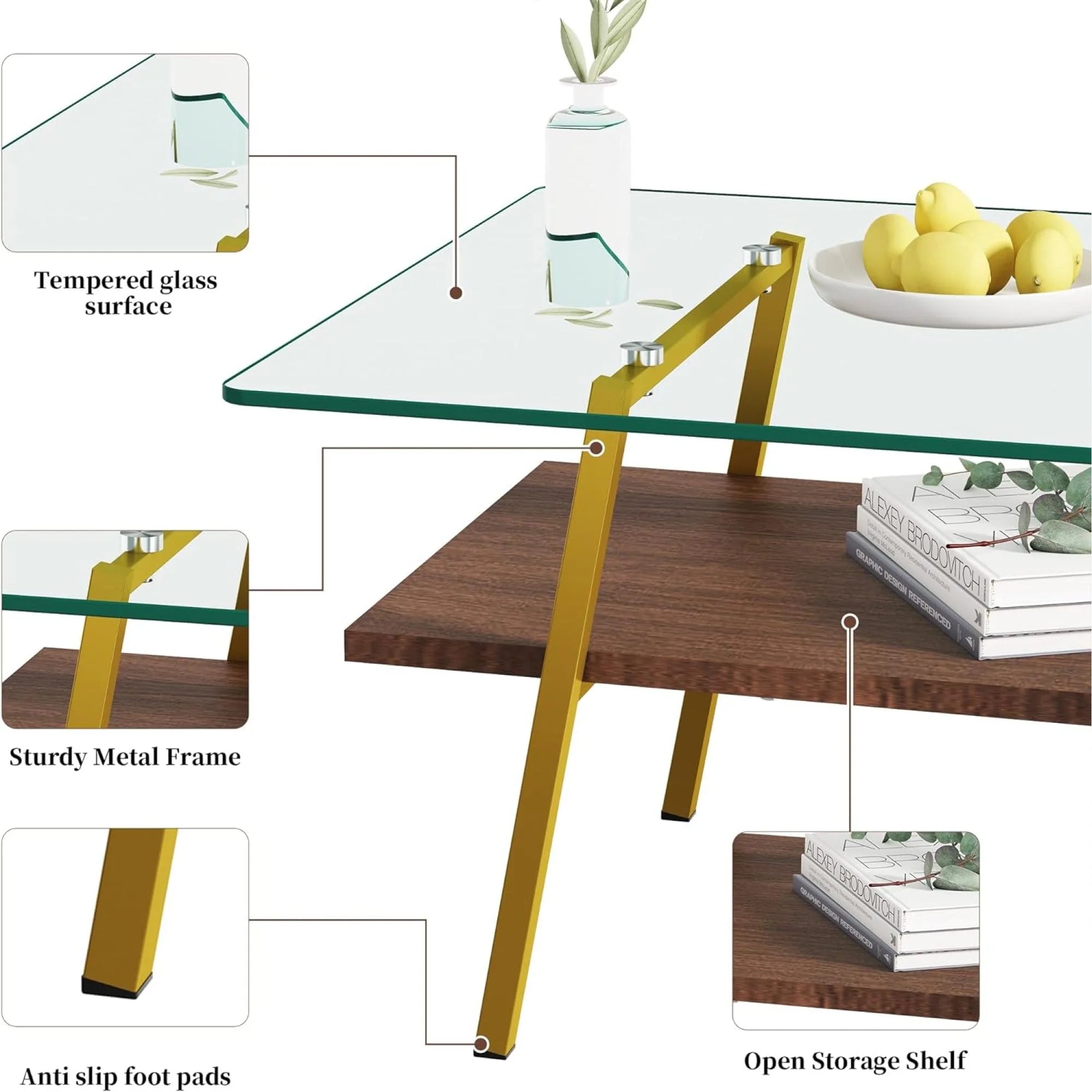 Glass Coffee Table with Wood Shelves S615280