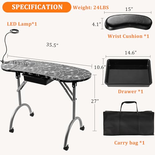 Foldable Manicure Nail Table with Drawer, LED Lamp, and Carry Bag A342452
