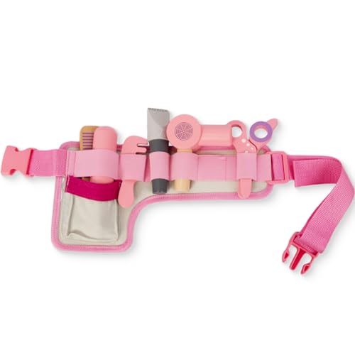Wooden Hair Salon Toys for Girls, Pretend Play Beauty Salon Set with Realistic Accessories, Blow Dryer, Straightener, Tool Belt and Styling Accessories