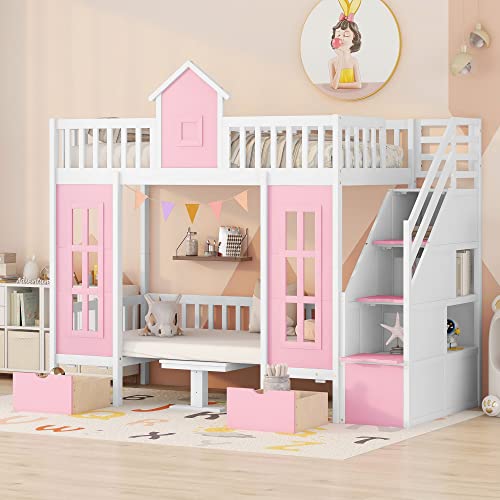 Twin Castle Style Bunk Bed with Slide, Twin-Over-Twin Bunk Bed with 2 Drawers and 3 Shelves, Storage Staircase, Save-Space Solid Wood Bunk Bed Frame for Teens (Pink-Twin-Castle Style)