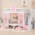 Twin Castle Style Bunk Bed with Slide, Twin-Over-Twin Bunk Bed with 2 Drawers and 3 Shelves, Storage Staircase, Save-Space Solid Wood Bunk Bed Frame for Teens (Pink-Twin-Castle Style)