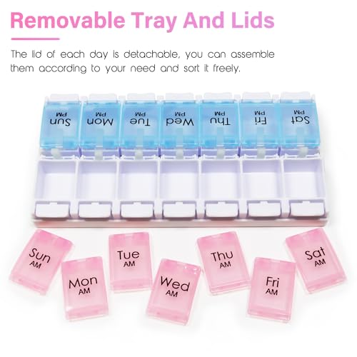 7 Day Pill Organizer 2 Times a Day, 14 Dividers with Easy Push Button W664719