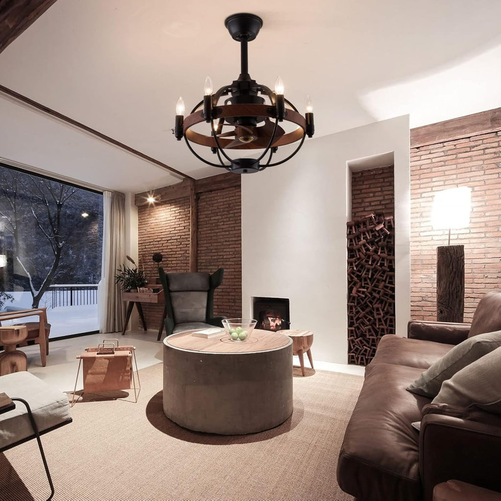 Enclosed Ceiling Fan with Light and Remote Control, Rustic Black Cage Design, 22 Inches P618080