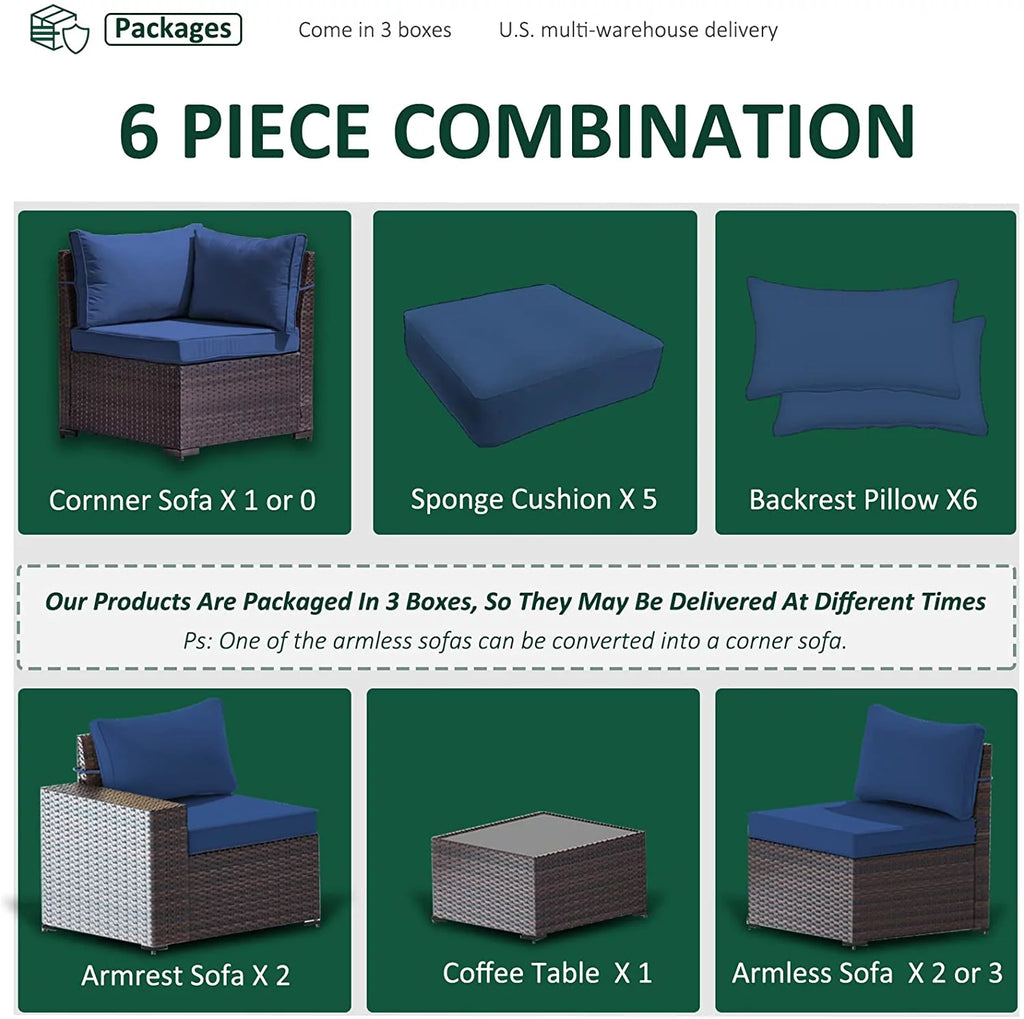 Outdoor Patio Furniture Set, 6-Piece Modular Sectional Sofa, All-Weather PE Wicker, Navy Blue H78599