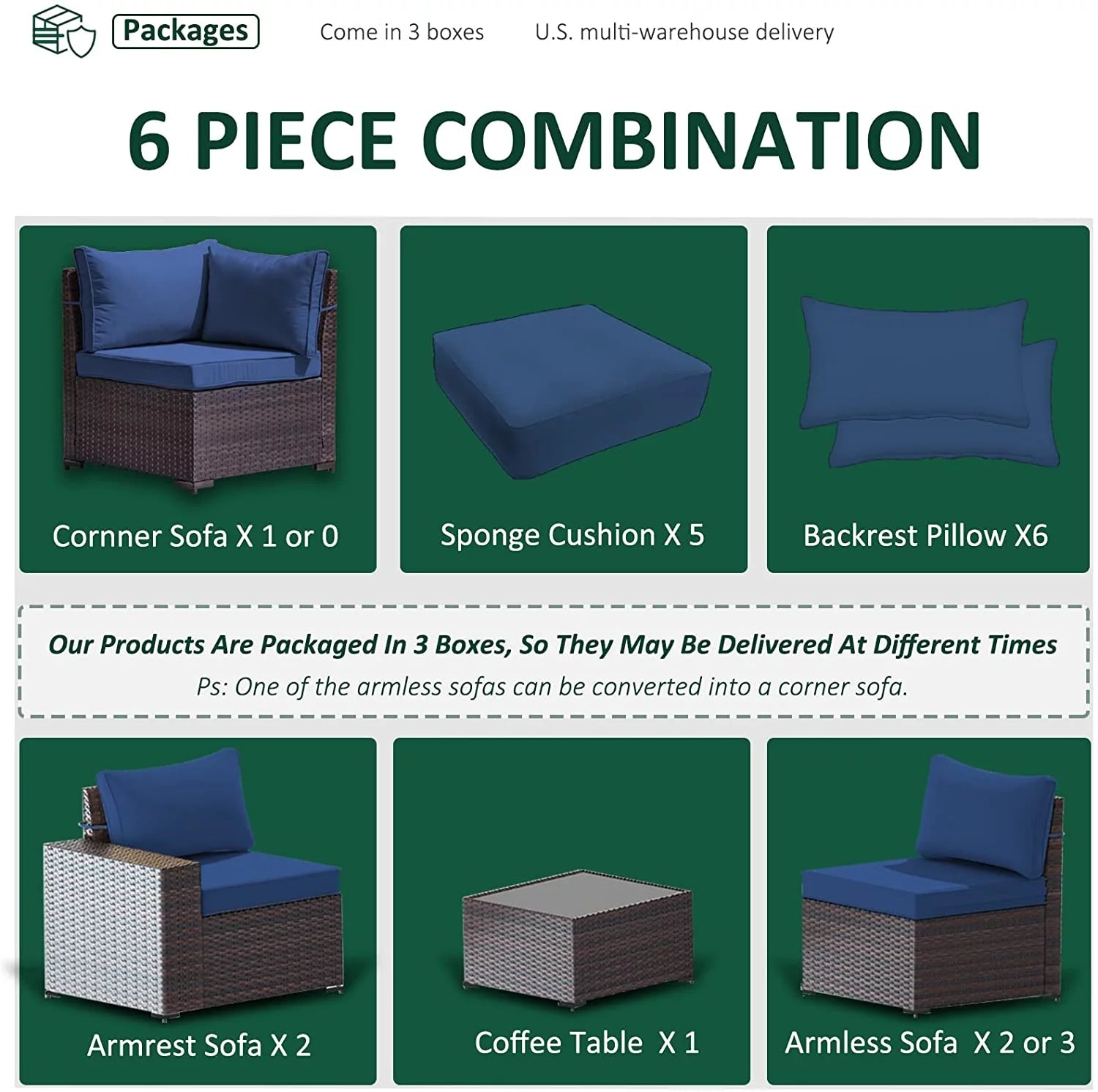 Outdoor Patio Furniture Set, 6-Piece Modular Sectional Sofa, All-Weather PE Wicker, Navy Blue H78599