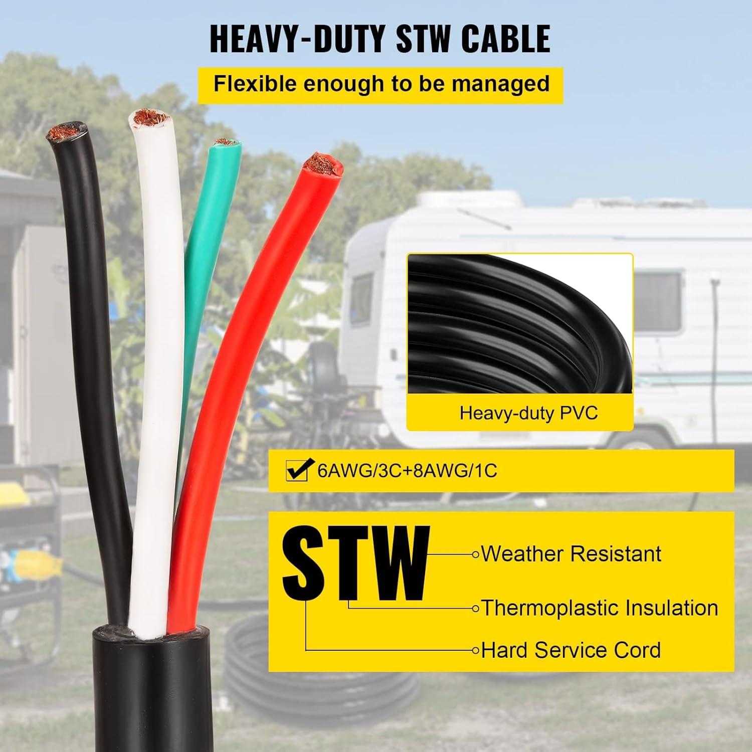 30Ft 50Amp Generator Extension Cord 6 Gauge STW 6/3+8/1 N14-50P to Bare Wire E490