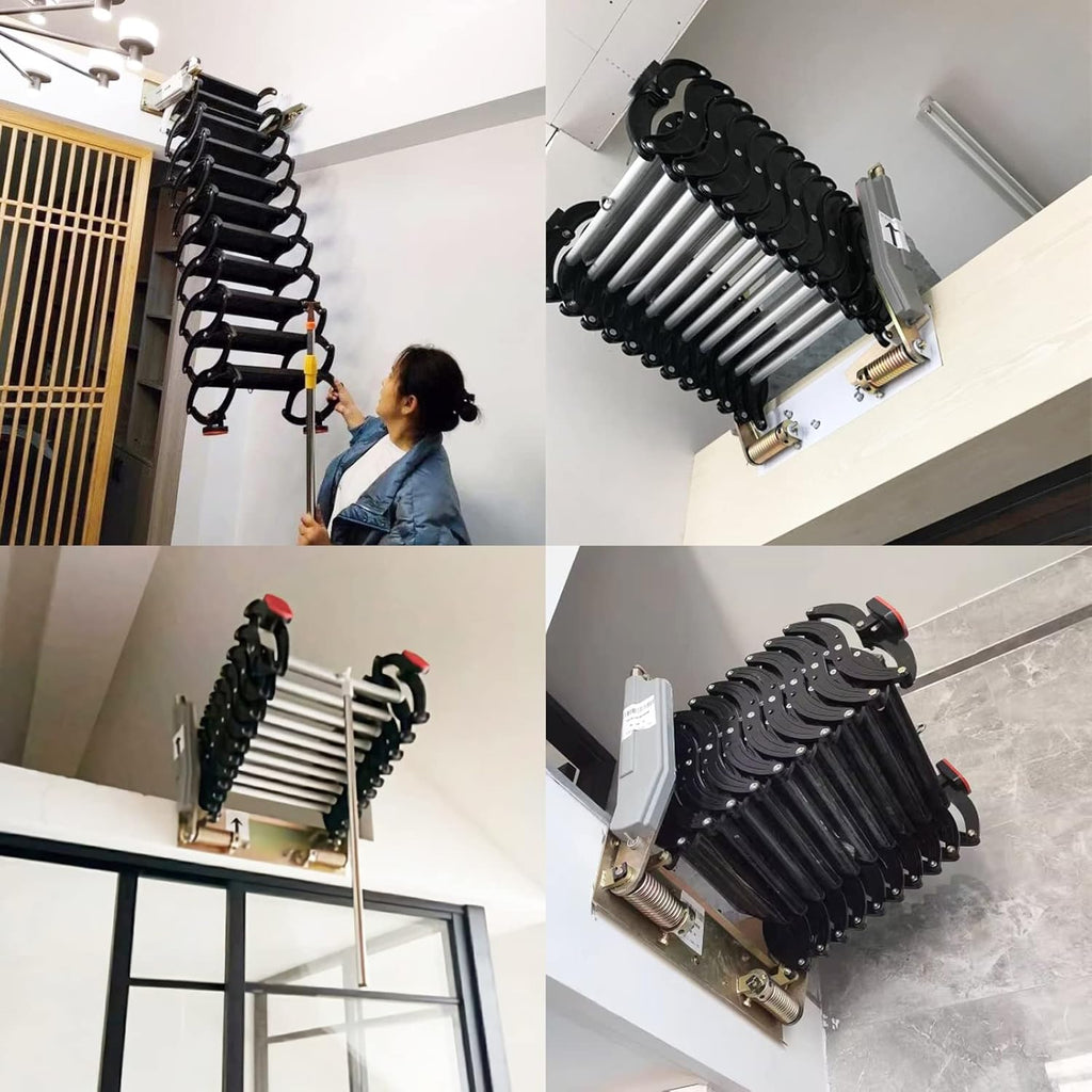 Folding Attic Ladder, Wall-Mounted Retractable Loft Stairs, 12 Steps, 9.8ft Max Height R160035
