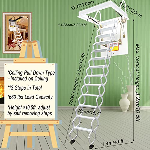 Folding Attic Ladder, 13 Steps Retractable Loft Stairs, White K485614
