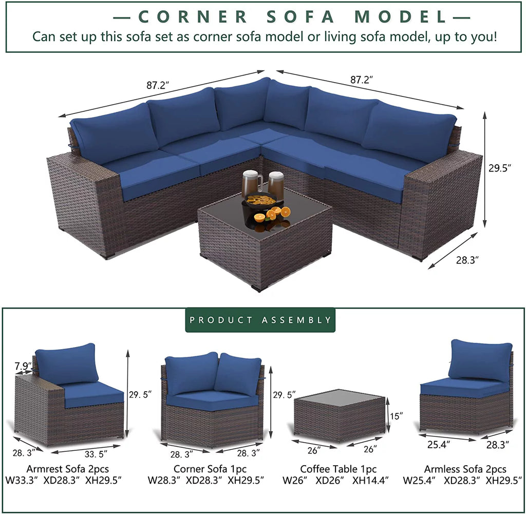 Outdoor Patio Furniture Set, 6-Piece Modular Sectional Sofa, All-Weather PE Wicker, Navy Blue H78599