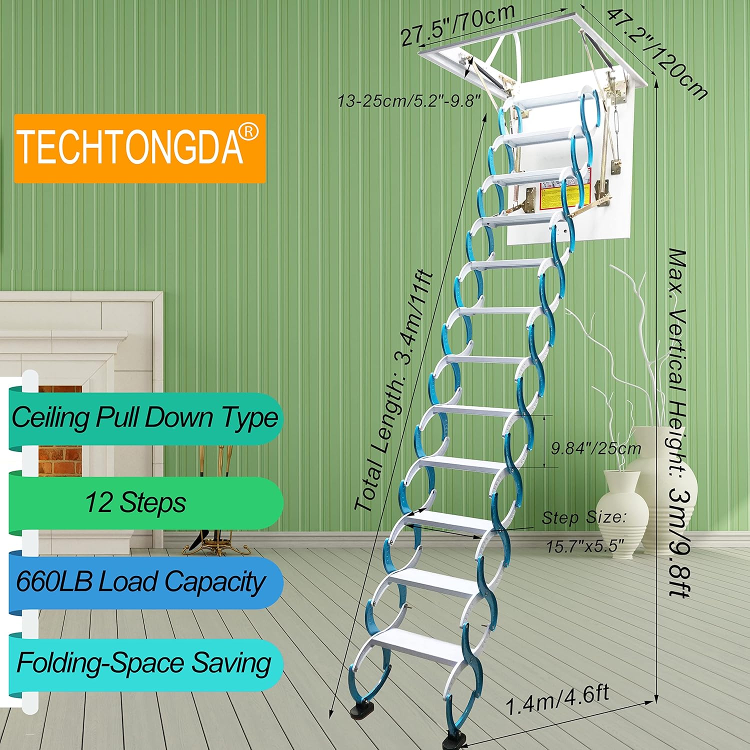 Attic Ceiling Ladder Pull Down Folding Stairs 9.8ft Carbon Steel P602