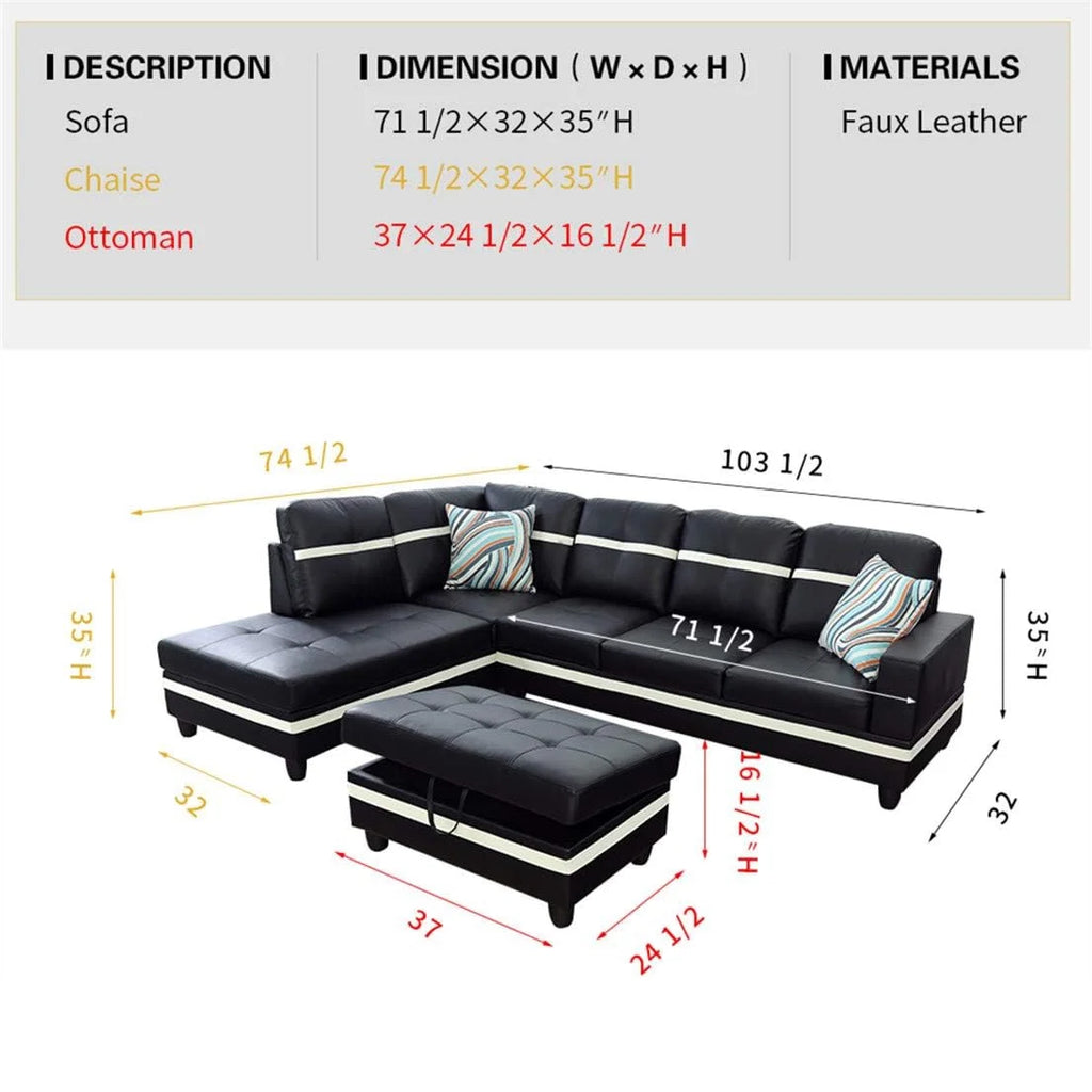 Leather Sectional Sofa Set, 3-Piece L-Shaped Couch with Chaise and Ottoman, Black A83234