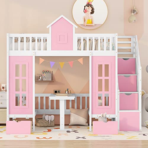 Twin-Over-Twin Bunk Bed with Slide, Storage Staircase, Solid Wood Frame U37969