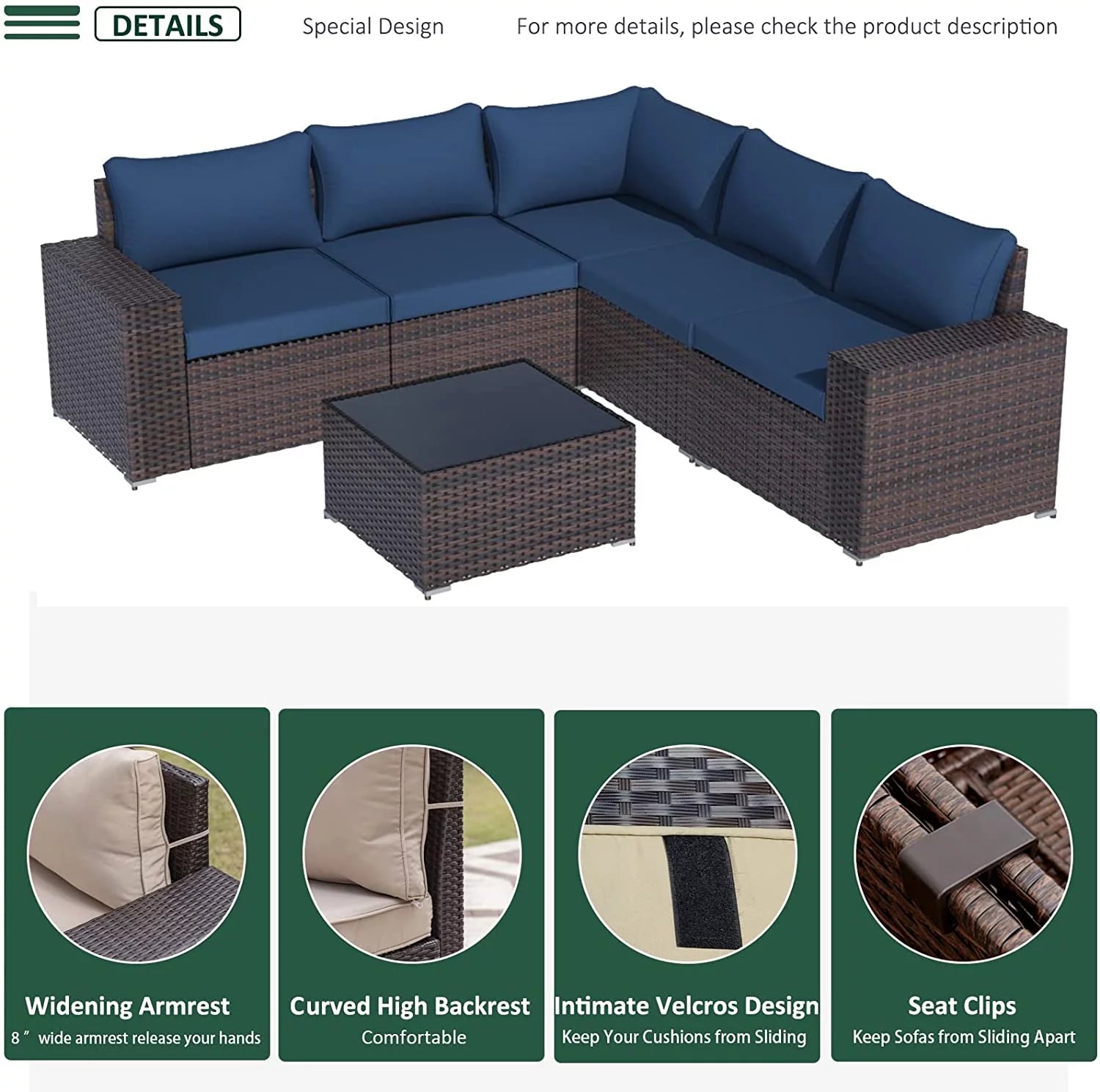 Outdoor Patio Furniture Set, 6-Piece Modular Sectional Sofa, All-Weather PE Wicker, Navy Blue H78599