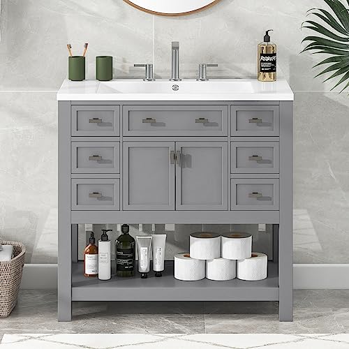 White Bathroom Vanity with Ceramic Vessel Sink and Storage O108