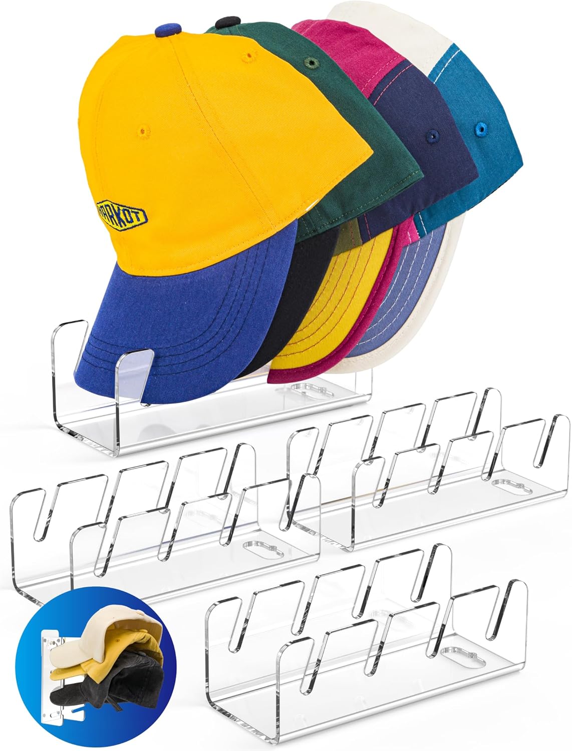 TOPGO Hat Stand for Baseball Caps Display and Organizer, 4 Pcs Load 16 Caps, [Hangable & Easy Grab & No Install] Clear Cap Storage Holder for Ball Cap, Golf Cap, Trucker Hat, Bedroom, Closet, Dresser