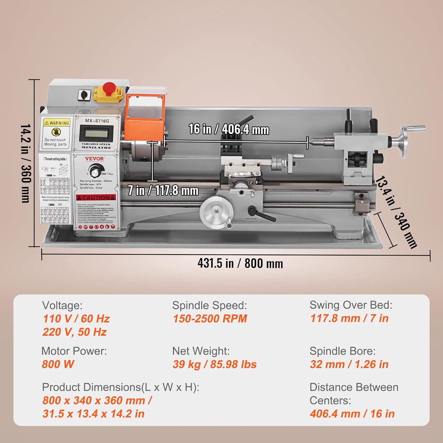 Mini Metal Lathe Machine, 7 x 16 Inch, 800W Benchtop Power Lathe, 150-2500 RPM Variable Speed X459