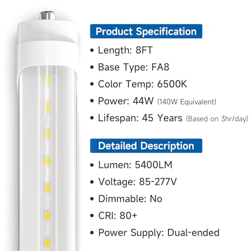 20-Pack 8FT LED Bulbs, Ballast Bypass, 6500K Daylight, T8 T10 T12 Replacement, FA8 Single Pin T983