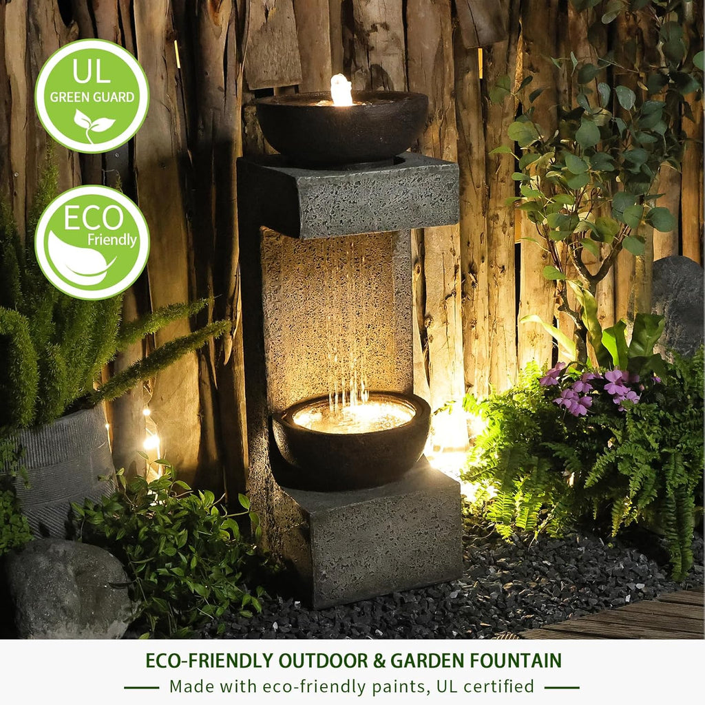 Outdoor Garden Water Fountain with Lights and Stone Planter K71660