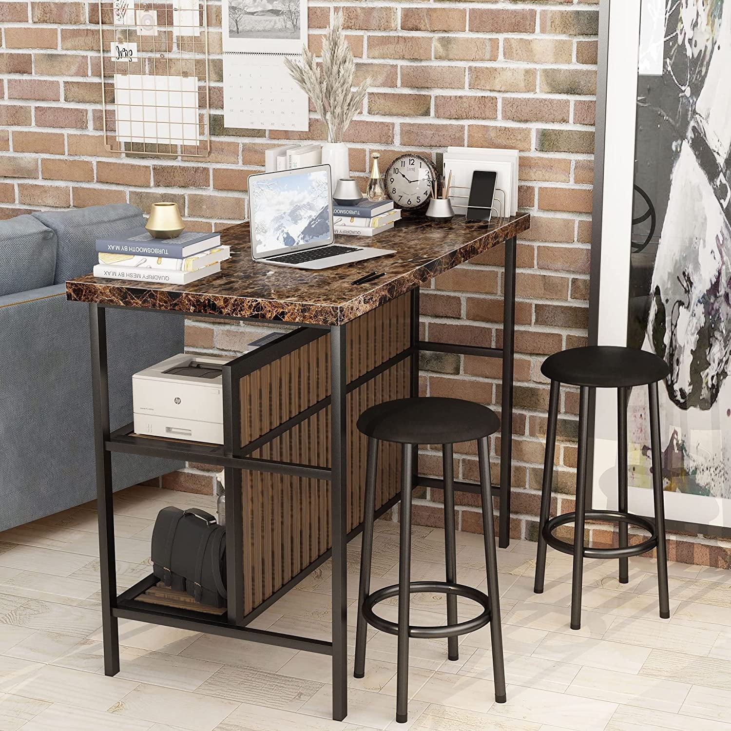 3-Piece Home Bar Dining Table Set, 47 Inch Bar Height Table and Chairs with Artificial Marble Top and Storage Shelf P5587