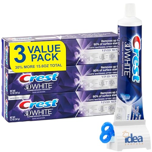 Crest-3D-White Ultra Whitening Toothpaste Vivid Mint, 3 Large Tubes of 5.2 oz (Total 15.6 oz) Anticavity Fluoride Toothpaste, Enamel Repair, Stain Protection + Bonus Idea Shop USA Toothpaste Squeezer