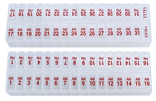 Twice-a-Day Monthly Large Pill Organizer Set - AM/PM Medication Organizer for The Entire Month Pill Box Set Contains 2 Organizers for 1 Month. *NEW STAY-TIGHT LIDS. BPA Free