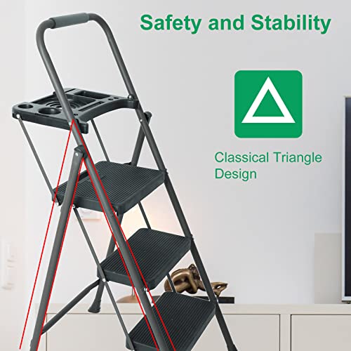 Folding Step Stool with Handrails and Tool Tray, 330lbs Capacity P553