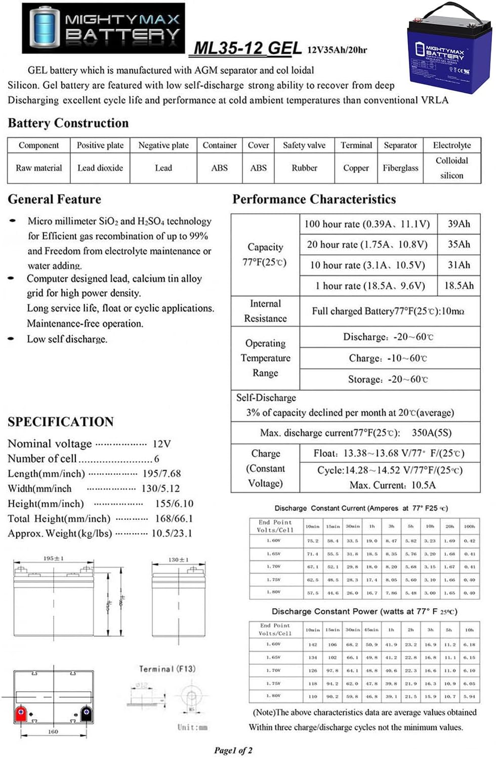 12V 35AH Gel Deep Cycle Solar Battery C28752