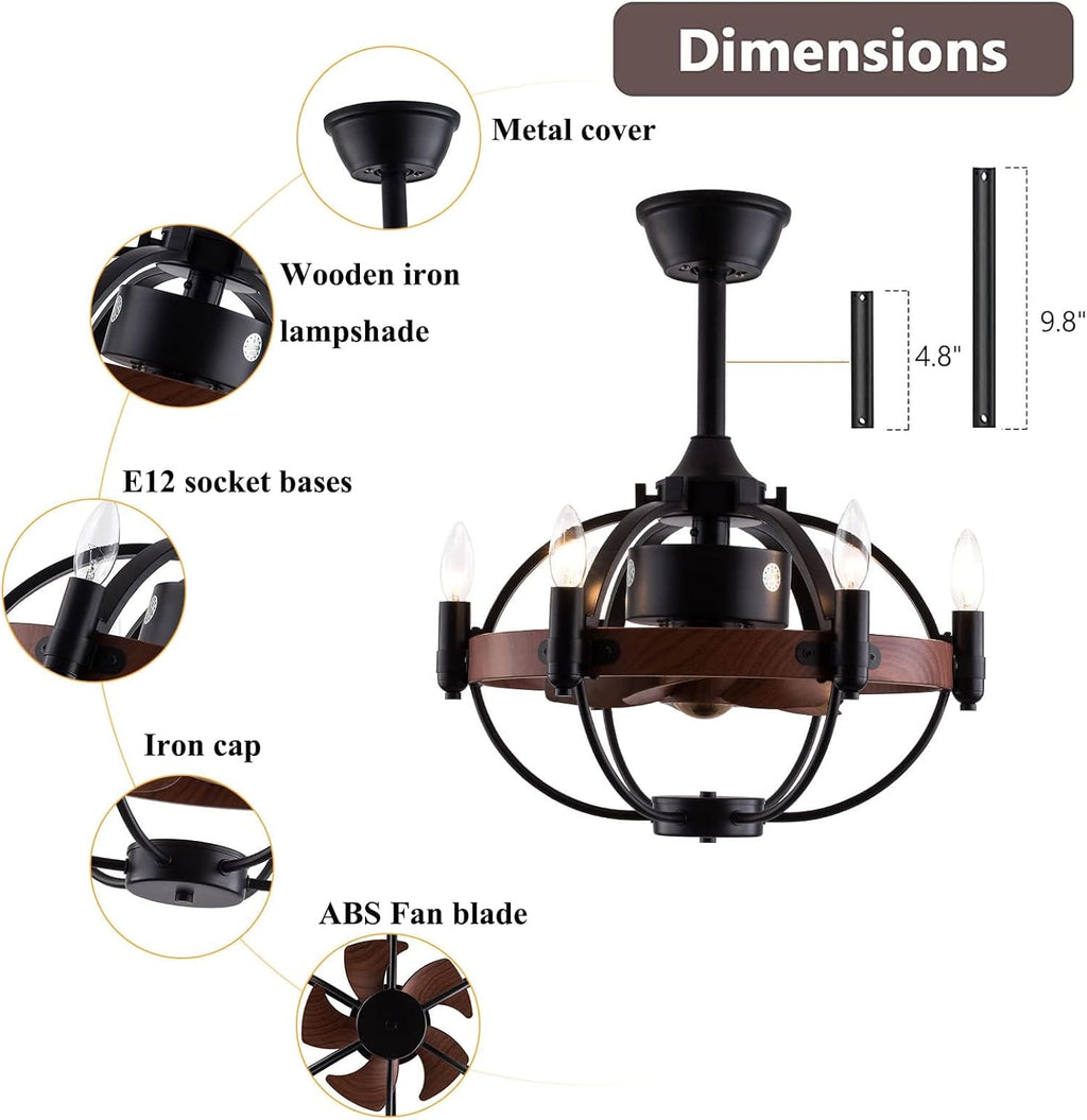 Enclosed Ceiling Fan with Light and Remote Control, Rustic Black Cage Design, 22 Inches P618080