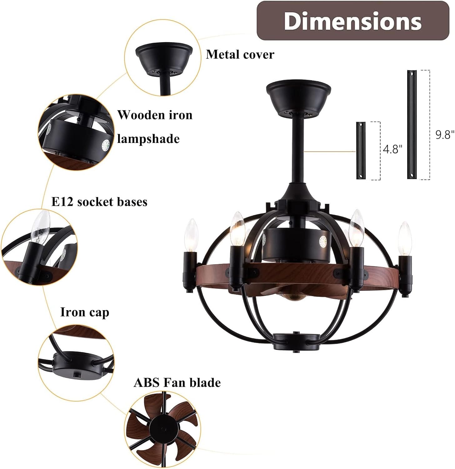 Enclosed Ceiling Fan with Light and Remote Control, Rustic Black Cage Design, 22 Inches P618080