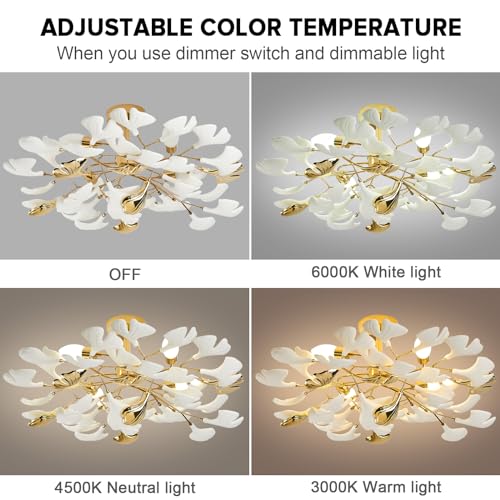 Gold Ceramic Ginkgo Leaf Semi Flush Mount Ceiling Light, 24 Inch O666194