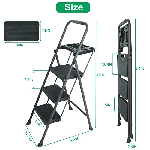 Folding Step Stool with Handrails and Tool Tray, 330lbs Capacity P553