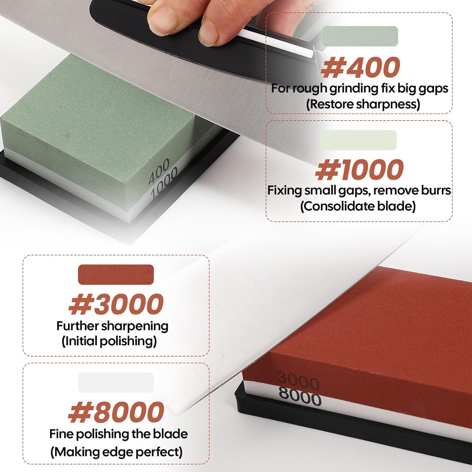 4 Side Grit 400/1000 3000/8000 Whetstone Sharpening Stone Kit with Leather Strop Q3354
