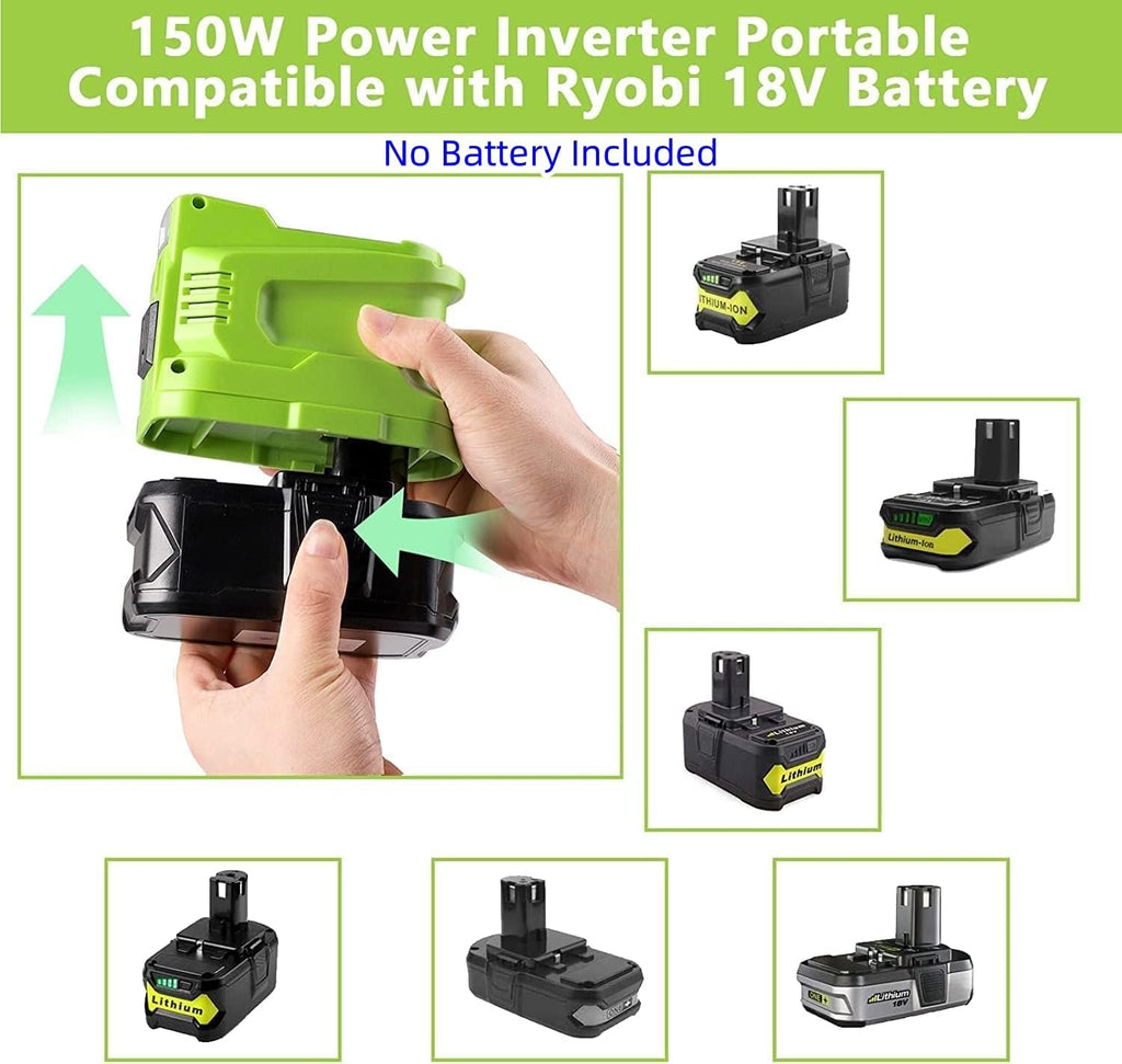 150W Power Supply Inverter for 18V, DC to AC 120V, USB Phone Charger Adapter with AC Outlet & LED Light T562395