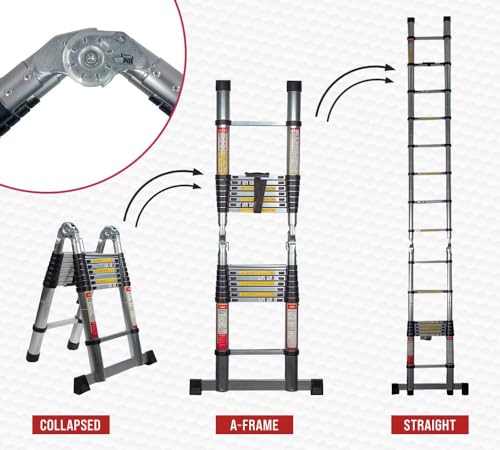 16.5 ft Telescoping Ladder A Frame - Aluminum Extension Ladder with Balance Bar, Carry Handle & Tool Tray O962