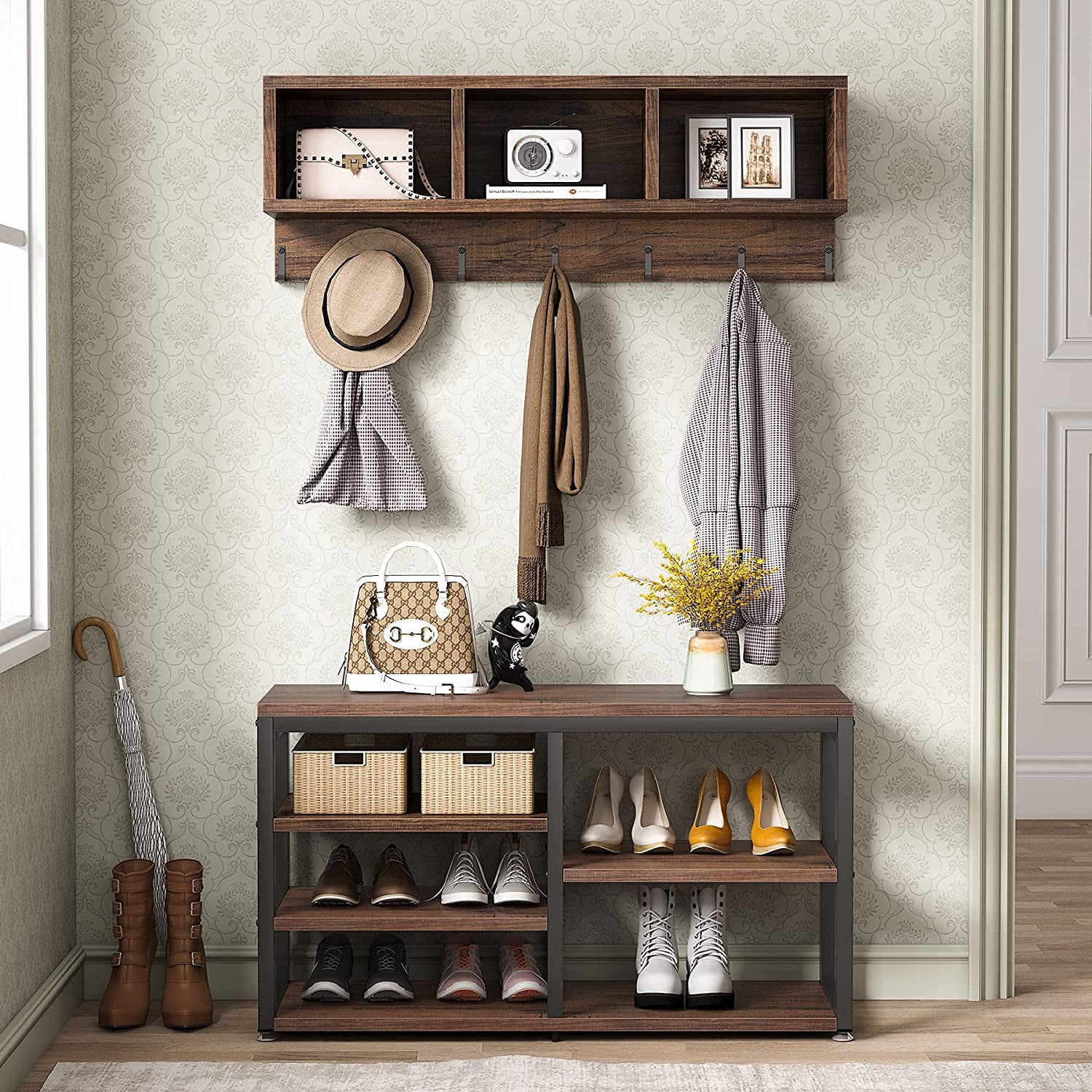 Hall Tree with Bench, 3 Storage Cubbies, 7 Hooks for Entryway T936