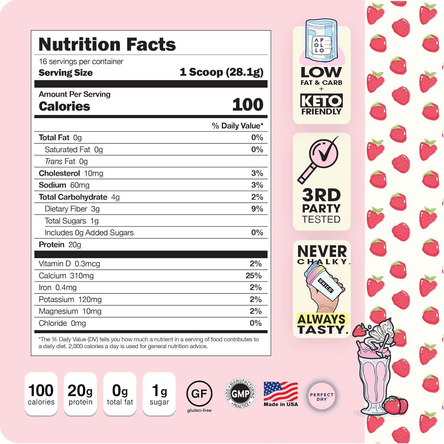 Strawberry Protein Powder - 20g Grass-Fed, Low-Carb, 0g Added Sugars C451