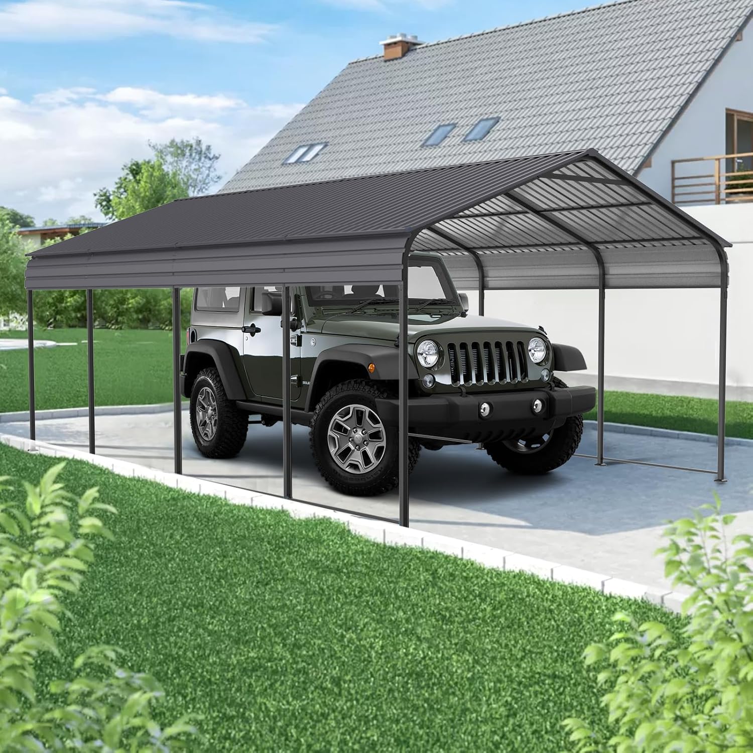 Carport 10 x 20 ft Heavy Duty Metal Canopy with Galvanized Steel Roof Frame, Outdoor Car Shelter Tent O390091