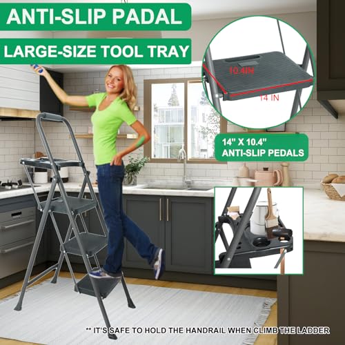 Folding Step Stool with Handrails and Tool Tray, 330lbs Capacity P553