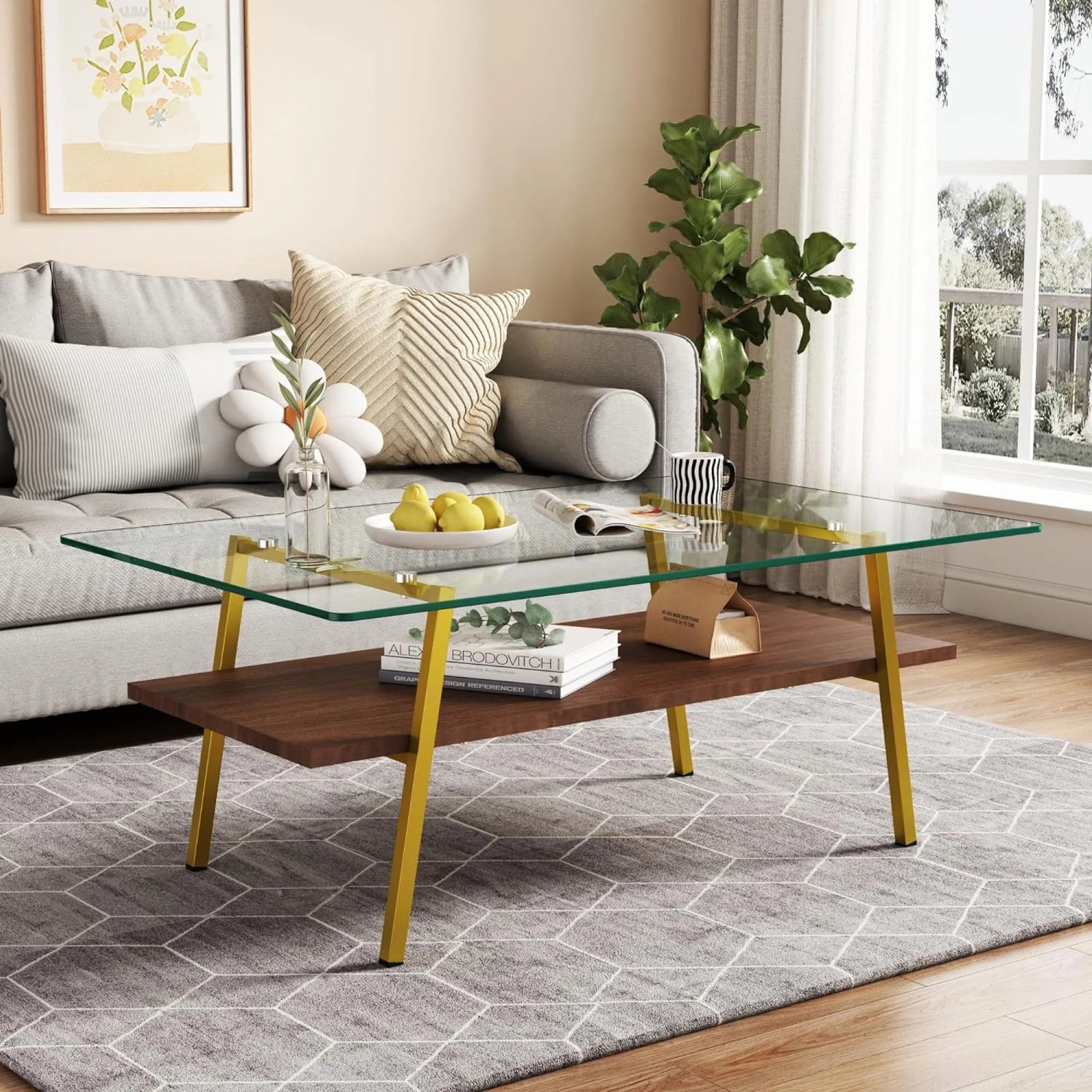Glass Coffee Table with Wood Shelves S615280